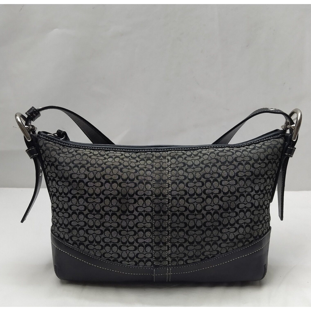 Coach Signature Mini C Black Canvas Leather Trim Zipper Hobo Shoulder Bag - Picture 2 of 16